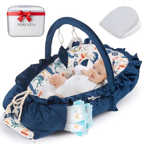 Nebulita Blue Infant Support Cushion with Play Arch for Supervised Awake-Time Floor Use - 100% Cotton Interior, Micro-Velvet Exterior, Portable Baby Cushion with Carry Bag - Premium