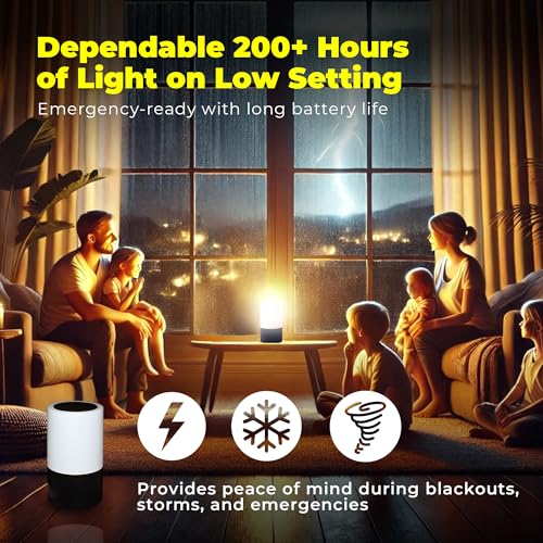 LFI Lights Emergency Table Lamp for Power Outages, 200+ Hr Rechargeable Light with USB Charger, 3-in-1 Cable, 3 Modes, Touch Sensor - Portable LED Lantern for Home Disaster Preparedness 2pc Black.