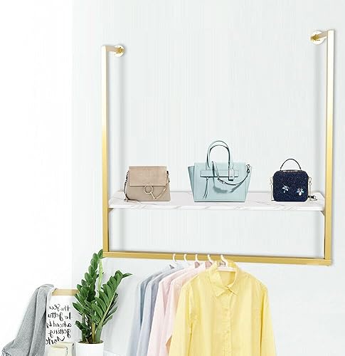 Miniatura 9 de Estante de ropa de oro con estantes, hierro y madera en forma de U rack de ropa rack de ropa resistente