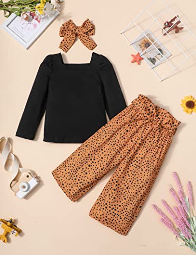 Image of Girl Clothes, Toddler Girl Clothes Square Neck Puff Long Sleeve Top Striped Pants Headband 3Pcs Fall Clothes Set