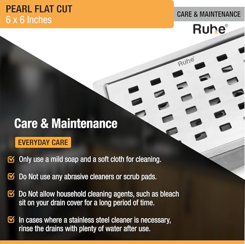 Image of Ruhe Pearl Square Flat Cut Floor Drain, 6 x 6 Inches | 304-Grade Floor Drainer with Cockroach Trap Floor Drainer for Bathroom, Balcony