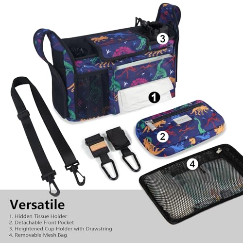 Image of TOPDesign Universal Baby Stroller Organizer, Stroller Caddy with Detachable Mesh Bag & Heightened Insulated Cup Holders & Non-Slip Secure Hooks Accessories, Fits Most Strollers (Dino Fossils)