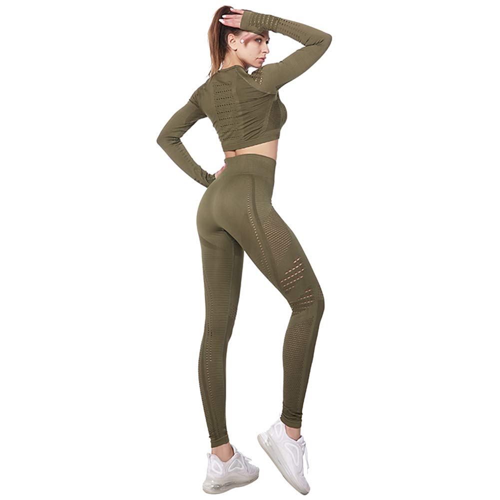Jamron Dames Rekbare Yoga Kleding Set Crop Top Leggings 2 Stuks Trainingspak Gym Fitness Sportkleding Leger Groen SN05405 L