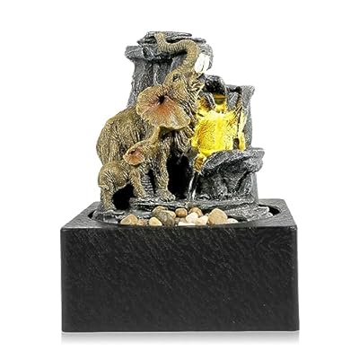 BEAMNOVA Tabletop Fountain,3 Tiered Elephant & Baby Elephant Indoor Fountains,with LED Light Water Feature for Home Office Décor
