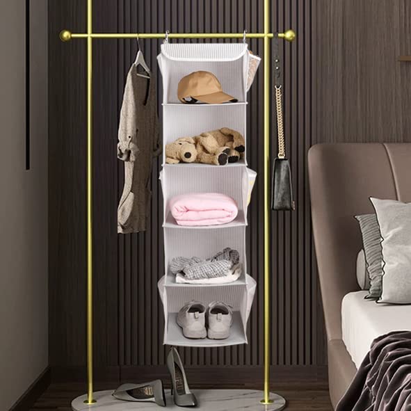 Image of BrilliantJo Hanging Storage with 5 Shelf Set of 1 Wardrobe Closet Organiser, Storage Rack Unit with 6 Pockets for Clothes - (Grey Strip, 5-Shelf)