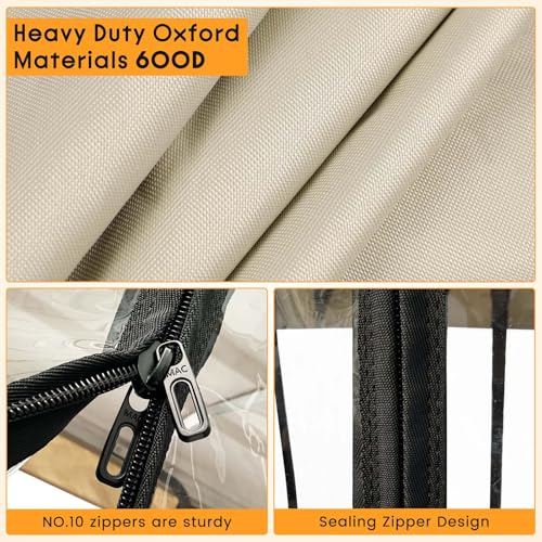 Golf Cart Enclosure for 4 Passenger Club Car Tempo&Onward, 600D Waterproof Transparent Driving Rain Cover, Fit 4-Seater Long Roof with 4-Sided Clear Windows Mirror Openings Roll-up Zipper Door (Beige)