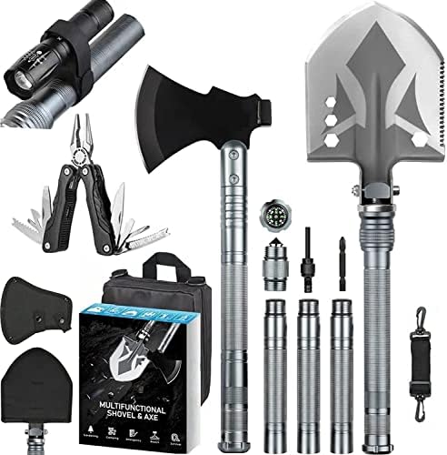 ZENHOSIT Survival Shovel Camping Axe, Folding Camping Shovel Hatchet with Lengthened Handle and Flashlight, High Carbon Steel Tatical Shovel Axe Set with Storage Pouch for Car Emergency Hiking Camping