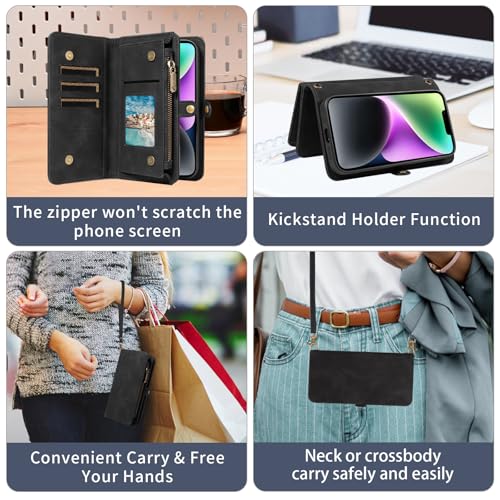 Housse iPhone 14 anti-perte avec compartiment zippé et cordon