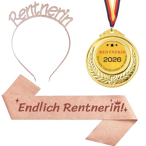 3Pcs Rentner Geschenk Frau Rentnerin Schärpe Haarreif Medaille Pension Jubilation Geschenk Frau Pension Jubilación Deko 2025 Jubilación Geschenk zum Jubilación für Frauen Abschiesgeschenk Kollegin