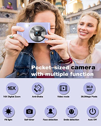 Digital Camera, Lecran Fhd 1080P 36.0 Mega Pixels Vlogging Camera With 16X Digital Zoom, Lcd Screen, Compact Portable Mini Cameras For Students, Teens, Kids (Purple) #TOP6