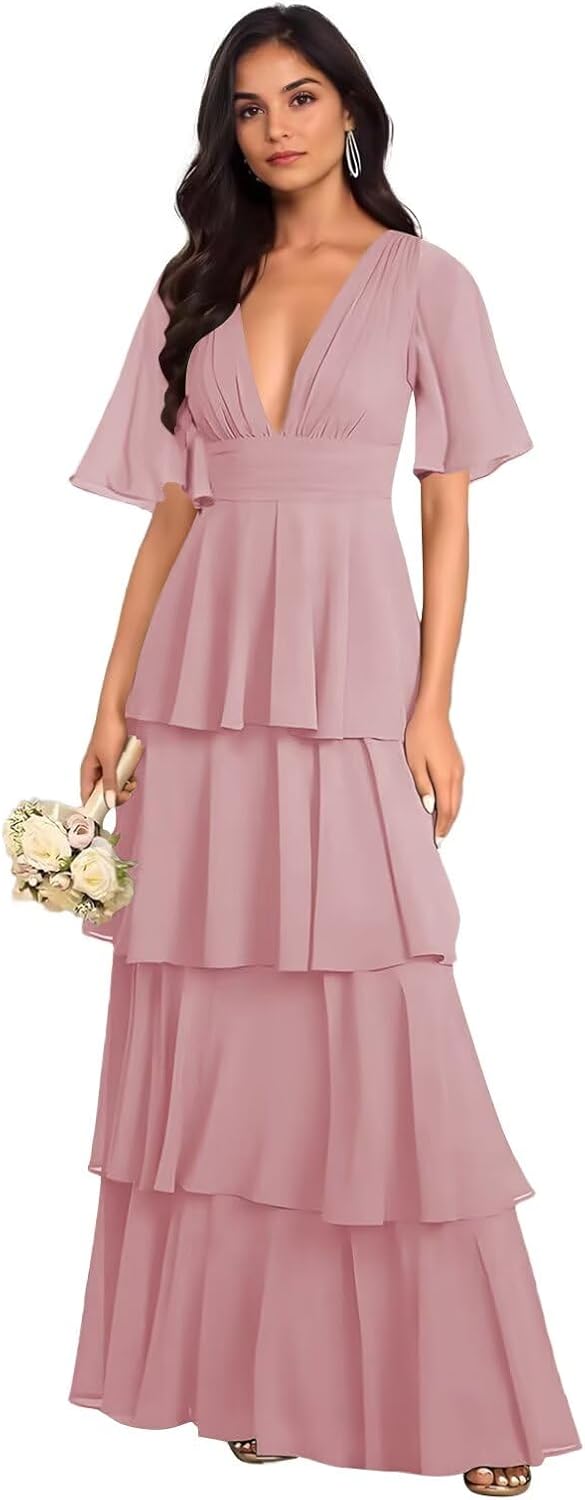 GATMAHE Ruffle Bridesmaid Dresses for Women Long Chiffon Tiered Flutter Sleeves A Line Formal Evening Dress - Image 6