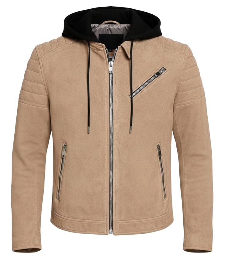 Image of Blaq Ash Men's Suede Hooded Biker Jacket with Removable Hood and Multiple Zippers