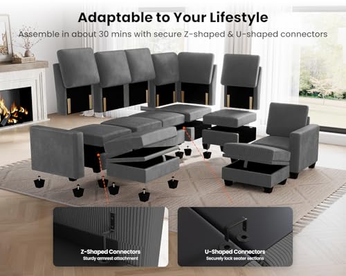 Image of CHIC HOUSE Modular Corner Sectional Sofa with Storage, Corduroy L-Shaped Couch, Compact Small Space Furniture for Living Room & Apartment (Dark Grey, 5 Seater L-Shaped)