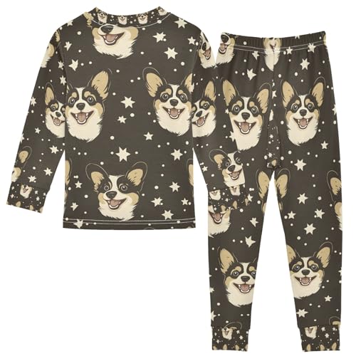 senya Starry Corgi Face Night Pajamas Set Long Sleeve Soft Cotton Sleepwear 2 Piece2