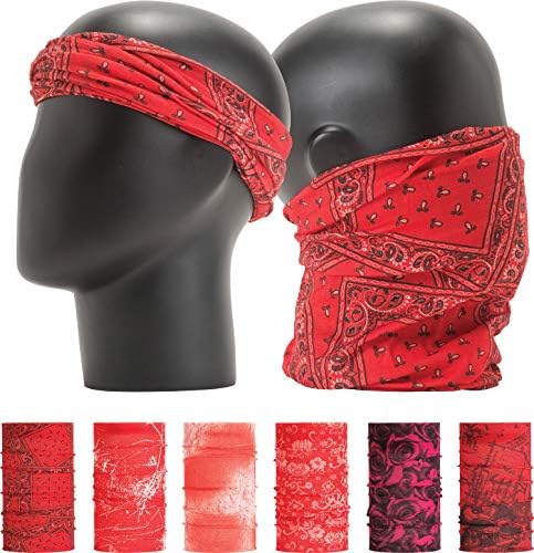 Leevo Pattern Bold Headwear Scarf Boho Headband Wrap Shield Neck Gaiter Bandana (Free Size (18.5” 9.25”), Vintage Red No.1, 6pcs total)