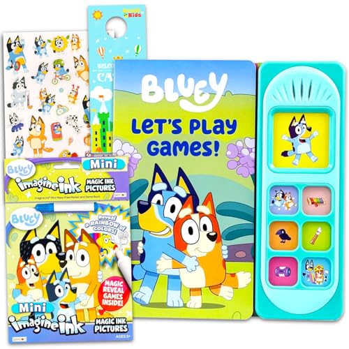 Bluey Sound Book for Toddlers - Activity Bundle with Interactive Learning Sound Book with Buttons Plus Coloring Pages, Stickers, Door Hanger | Bluey Let's Play Games Gifts for Kids, Boys, Girls