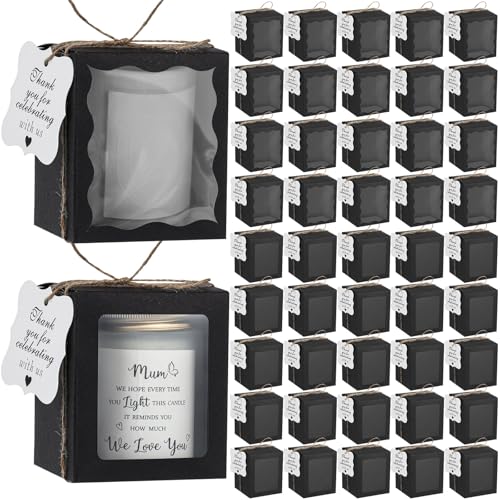 ReliThick 100 Set Candle Gift Box Transparent Gift Packaging Box for 4-10 oz Candles 50 Paper Thank You Tag Bundle Hemp Rope for Wedding Baby Shower Party Favor, 3.35x3.35x3.94 in (White Black)