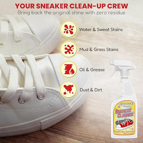 Image of Grandma's Secret Sneaker Cleaner - for Rubber, Canvas, Leather, Stain Remover Spray Removes Dirt, Grime, Grass - Cleaner for Outdoor Shoes, Slippers, Moccasins - 16oz & 3oz Combo