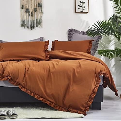 Houseri Pumpkin Color King Comforter Set Boho Ruffled Comforter Dusty Orange Farmhouse Bedding Sets Women Caramel Pumpkin Ruffle Fringed Comforter King Vintage Shabby Chic Bedding Comforter King Size #TOP2