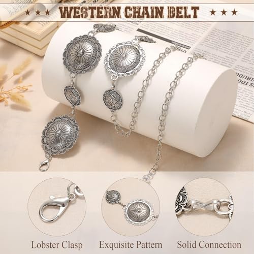 Image of WHIPPY Western Metal Concho Belt for Women Vintage Cowgirl Boho Turquoise Chain Belts for Dresses Jeans
