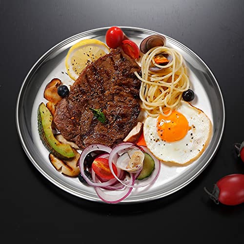 Platos llanos de acero inoxidable Plato Platos Redondos Bandeja de cena de metal cepillado reutilizable Plato de Postre Apilable Plato para acampar al aire libre para el hogar Kichten Snack B