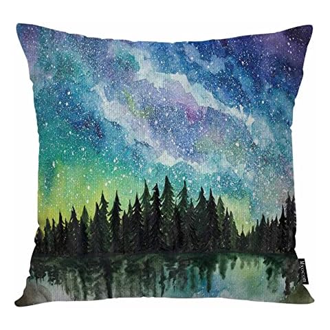 Mxocom Aurora Borealis Throw Pillow Cover Fir Grove Starry Colorful Sky Lake Tranquil Watercolor Art Vividly Cotton Linen Pillowcase Cushion 18 x 18 Inch for Sofa, Bed, Car Decor Cover