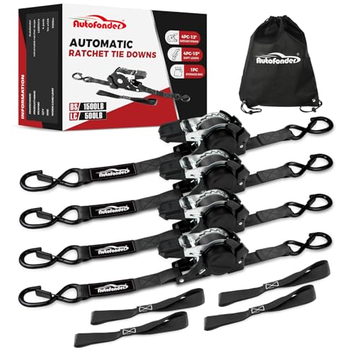 Autofonder Retractable Ratchet Straps with Soft Loops (4 Pack)-(1,500lb Break Strength)-1 Inch x 12 Feet Heavy Duty Auto Self Retracting Tie Down Strap for Truck, Cargo Trailer, Motorcycle, Rad & More