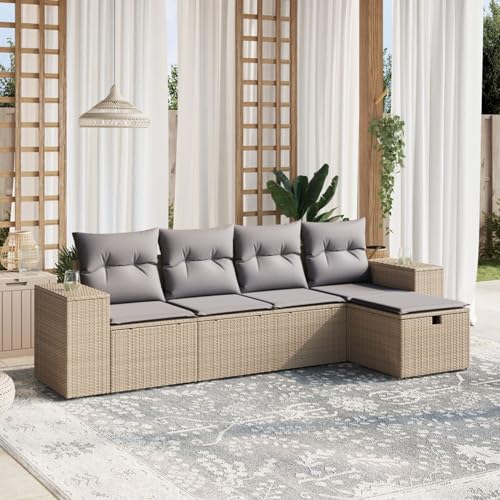 Gecheer Set 5 pz Divani,Modulari,da Giardino,Esterno,Patio,4 Posti,con Poggiapiedi,in Polyrattan,Beige Misto e Grigio Chiaro,Salotto da Giardino,Esterno,Set Divani da Giardino