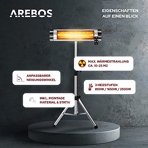 Arebos Infrarot Heizstrahler 2500 W mit Stativ & Fernbedienung | Höhenverstellbar | Schwenkbar | 3 Heizstufen | inkl. Wandbefestigung | Wärmestrahler Terrassenstrahler Terrassenheizer | Silber-3