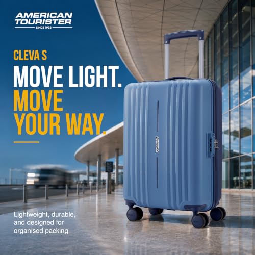Image of American Tourister Cleva S | Cabin Trolley Bag (55 cm) | 360 8 Wheel Travel Luggage | 2 Compartments | Hard Luggage Polypropylene Suitcase | Mounted TSA Lock | 3 Years Warranty | Blue & Navy Blue