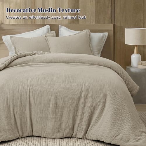 Image of PHF Cotton Muslin Comforter Set King - 100% Cotton Cover, Ultra Soft & Breathable, 3PCS Lightweight All-Season Bedding with Polyester Fill, 1 Comforter 104 inchx90 inch & 2 Pillow Shams 20 inchx36 inch, Taupe