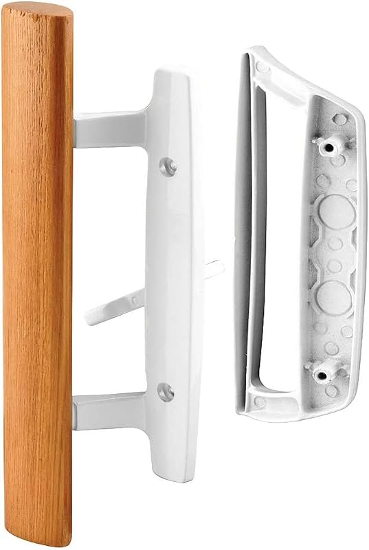 Mortise Style Reversible Sliding Patio Door Handle Set with Oak Wood Interior Handle and Exterior Pull in White Diecast Finish Fits 3-15/16” Screw Hole Spacing, Non-keyed with Latch Locks (White)