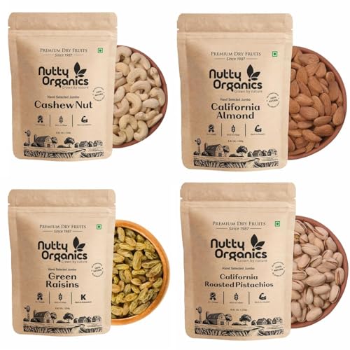 Image of Nutty Organics Mix Dry Fruit - 1Kg California Almonds, Whole Cashews, Green Kishmish, Exotic Pistachios | High in Fiber & Boost Immunity | Rich in Protein | Healthy Nut - Dry Fruits Combo Pack of 4 (250 gm each) Diwali Mix dry fruit Combo gift box for family and friends , hamper