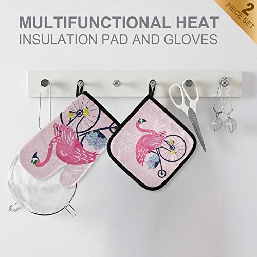 Aflyko Flamingo Flower Pink Oven Mitt Pot Holder Set Cooking Glove 10.6" × 6.7" Potholder 7.1" × 7.1" #TOP3