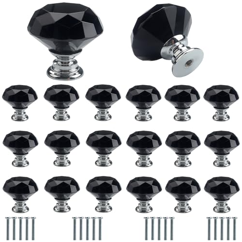 Roellgs Lot de 20 poignées de porte et de tiroir en verre cristal noir - 30 mm - Poignée de porte haut de gamme légère de luxe - Trou unique - Décoration d'intérieur