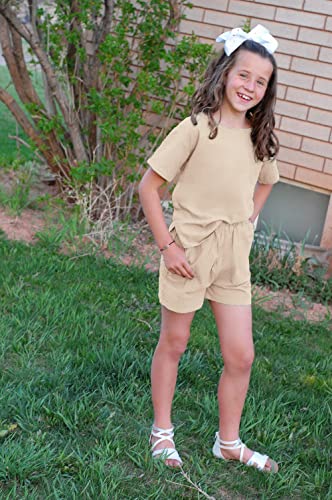 Flypigs Clothes For Girls Linen Solid Short Sleeve Top And Shorts Clothing Set Outfit Summer Tracksuits Beige,11-12Y #TOP3