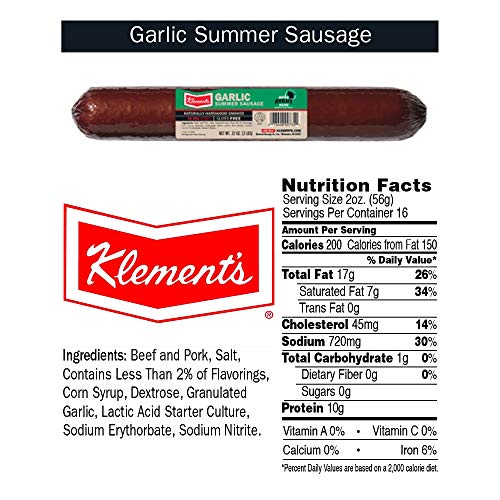 Klement's Garlic Summer Sausage, Hardwood Smoked 32 Oz (2 Pounds) - 1 Unit Per Order #TOP1