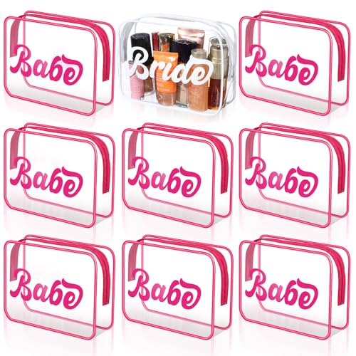 Shinylin 9 Pcs Bride and Babe Bachelorette Makeup Bags Bride Cosmetic Bags Bridesmaid Gifts Purse PVC Clear Toiletry Purse with Zipper for Women Bachelorette Party Wedding Bridal Shower
