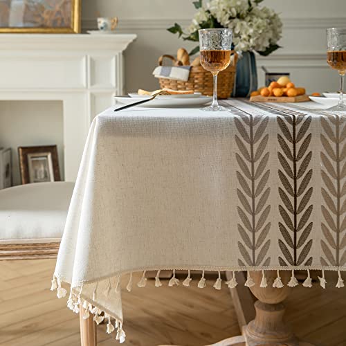Oubonun Tablecloths for Rectangle Tables, Cotton Linen Waterproof Farmhouse Table Cloth with Boho Tassels – Wrinkle Free, Wipeable & Washable for Kitchen & Dining, 55''x86'', 6-8 Seats by Oubonun - Image 4