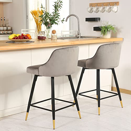 Swivel Counter Height Stools Set Of 2 - Swivel Bar Stools Barstools Velvet Counter Stools For Kitchen Island - Mid Century Modern High Dining Chairs With Back - Gray #TOP6
