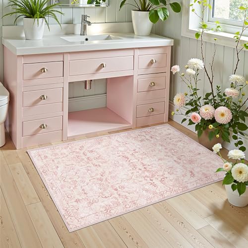 Pink Area Rug 2x3 Entryway Rug for Bedroom Bathroom, Non-Slip Low-Pile Washable Distressed Boho Carpet Retro Accent Doormat for Laundry Room Hallway Kitchen 24x36 Inch by Deerly - Used condition - Image 2