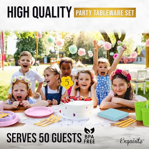 Image of Party Solids 350 Pieces Easter Plates For Party, Easter Disposable Plates Set, 50 Of Each 9 inch Dinner Plate Set, 7 inch Dessert Plate, Cups, Napkins & Cutlery Plastic Dinnerware Set
