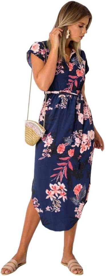 LitBud Women Dresses Summer Short Sleeve Vintage Business Holiday Belted Shift Midi Tunic Dress for Ladies UK Blue Size 10 12 M