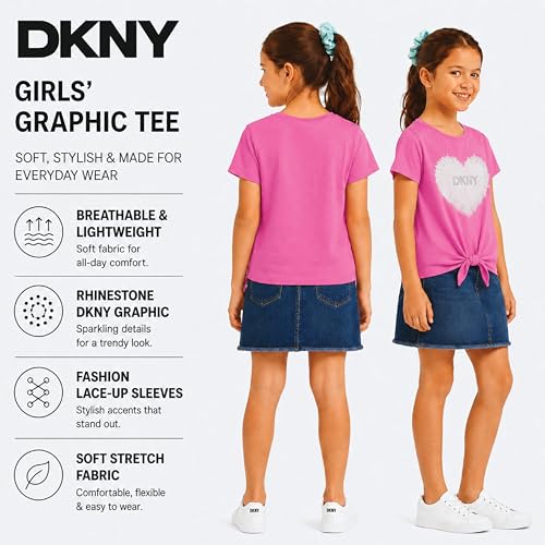 Image of DKNY Girls Shirts - Lightweight Cotton Blend Short Sleeve Crewneck Graphic Tee Cute Tops - Casual Trendy Girls Summer Clothes
