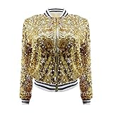 yolsun Women's Sequin Jacket, Mardi Gras Sparkle Bomber Blazer Coat with Long Sleeve Adult for Carnival Party (Gold, Large)