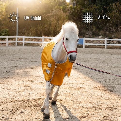Image of BARN & STABLE Breathable and UV Protective Tear-Resistant Mesh Horse Fly Sheet Comfy Equine Summer Sheet with Removable Web Leg Straps (Golden Glow, 75 in)