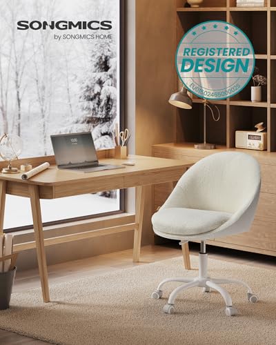 SONGMICS Homeoffice Stuhl, Schminkstuhl aus Sherpa, Schreibtischstuhl, Schaumstoffpolsterung, höhenverstellbar, für Arbeitszimmer, Schlafzimmer, cappuccinobeige-wolkenweiß OBG020W01
