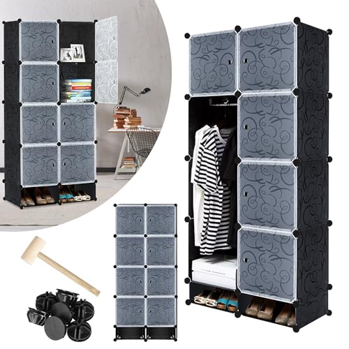 VA-Cerulean armoire à vêtements, chambre à coucher, plastique, 8 cubes, noir, porte, tringle à vêtements, étagère à chaussures, pliable et portable