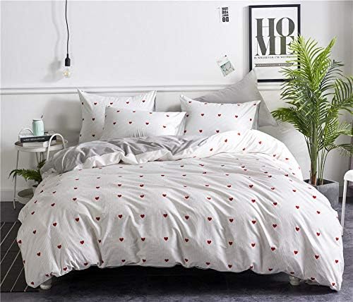 Bedding Duvet Cover Set,Modern Red Small Heart Striped Pattern White Washed Full Cotton Quilt Covers with 2 Pillowcases Zipper Closure Ties,Neutral Soft Full Size 3 Piece for Adult Teenager,Twin 16
