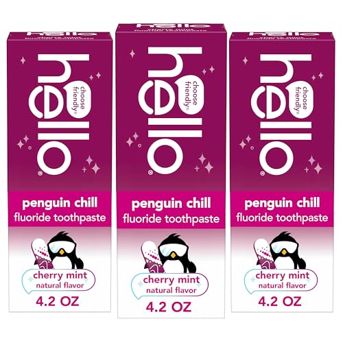 Image of Hello Penguin Chill Kids Toothpaste with Fluoride, Kids Mint Toothpaste with Cherry Flavor, Freshens Breath and Helps Prevent Cavities, Strengthens Enamel, SLS Free, 4.2 oz Tube (Pack of 3)